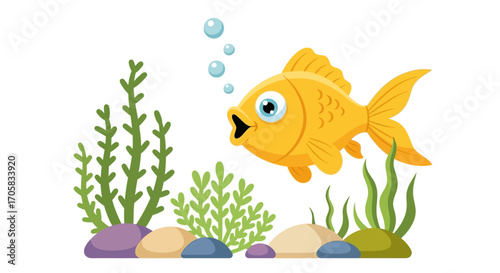 Curious goldfish swims among colorful aquatic plants and pebbles in a simple aquarium.