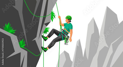 Adventurous Climber Ascending a Rocky Cliff Face Showcasing Athletic Skill And Courage