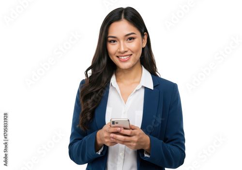 Smiling businesswoman holding a smartphone isolated on transparent background