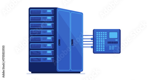 Blue isometric server rack with control panel and cables in data center