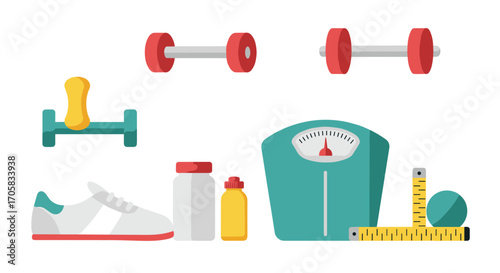 Fitness equipment icons featuring dumbbells, scale, and sneakers in flat design