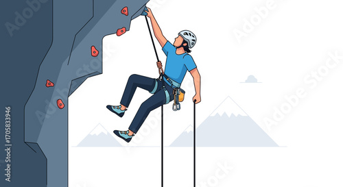 Adventurous Climber Ascending Rocky Cliff Face Using Safety Equipment Skillfully