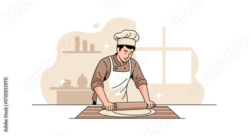 A Chef Flatly Rolling Dough For Delicious Dishes In A Modern Kitchen Illustration
