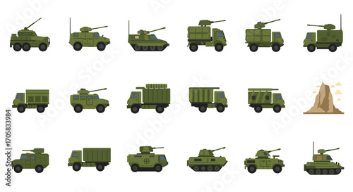 Flat military vehicles collection featuring tanks, trucks, and armored cars