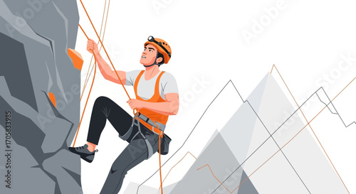 Adventurous Climber Ascending Rocky Cliff Face with Mountain Range Backdrop