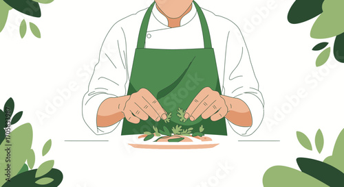 A Chef Garnishing A Plate Giving Final Touches with Fresh Green Herbs, Vector Art