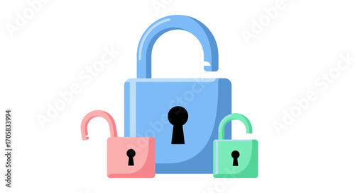 Three colorful padlocks, one large and two small, with open mechanisms symbolizing access and security.
