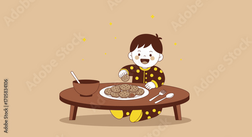A Child Enjoying His Cookies On a Table, Smiling and Happy in an Adorable Scene