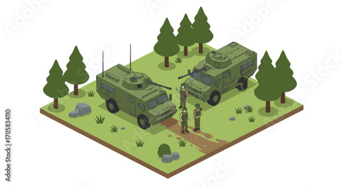 Military vehicles and soldiers in isometric forest scene