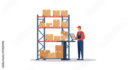 Logistics worker managing warehouse inventory with digital tablet