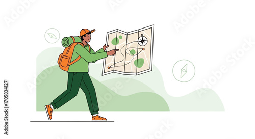 Adventurous Explorer Navigating With a Map, Planning a Journey Into Uncharted Terrain.