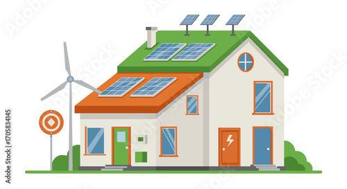 Sustainable eco home with solar panels and wind turbine in modern flat design
