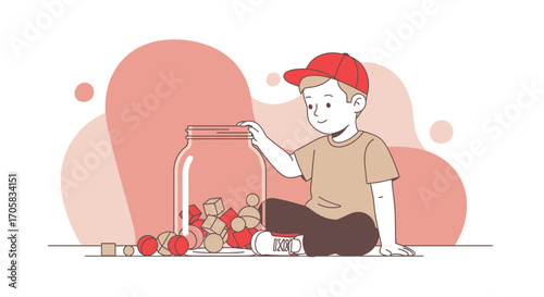A Child with a Jar of Objects Sitting Ready, Visualizing Fun and Creative Playtime for Kids