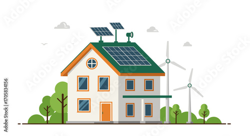 Eco-friendly home with wind turbines and solar panels in flat design