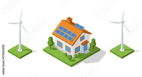 Sustainable energy home with solar panels and wind turbines in isometric style