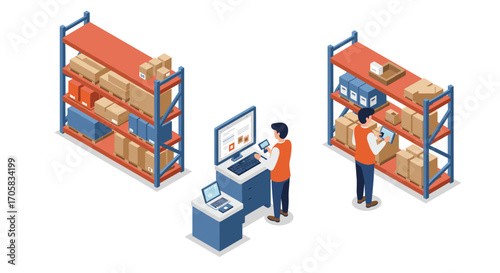 Isometric warehouse management: workers using digital tools among shelves and packages