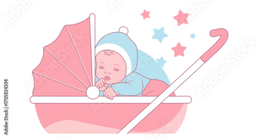 A Comforting Illustration of a Newborn Infant Sleeping Peacefully in a Stroller