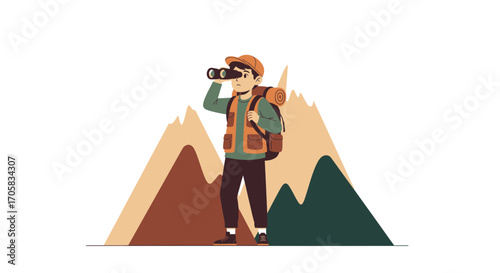 Adventurous Hiker Exploring Peaks, Seeking New Horizons In The Wilderness With Binoculars
