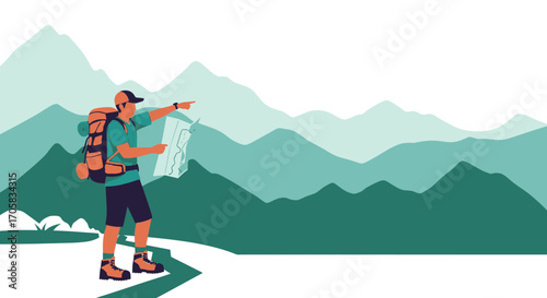 Adventurous Hiker Exploring Mountain Ranges And Navigating With Topographical Map