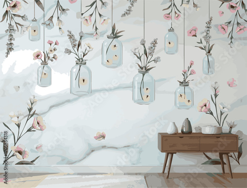 Elegant Floral and Jar Illustration with a Marble Background. This whimsical and serene wall mural features graceful flowers and hanging jars, perfect for a cozy and modern interior space.