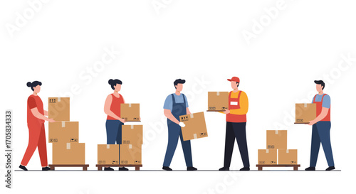 Warehouse workers in flat style organizing and moving cardboard boxes