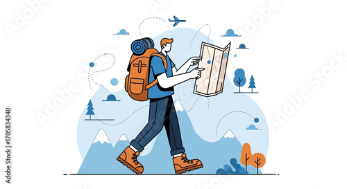 Adventurous Hiker Exploring Remote Terrain, Checking Map, Seeking Exquisite Journey