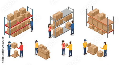 Warehouse workers organizing packages on shelves in isometric style
