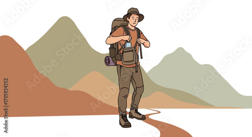 Adventurous Hiker Navigates Mountain Trail, Outdoors Journey, Exploring Nature, Travel Adventure