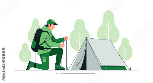 Adventurous Hiker Preparing Tent in Nature's Embracing Landscape Vector Illustration