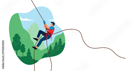 Adventurous Mountain Climber Ascends a Vertical Rock Face with Stunning Scenery