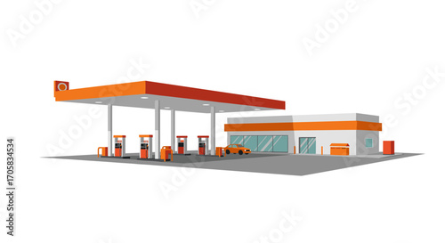 Modern gas station with car and convenience store in flat design