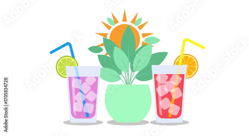 Refreshing summer drinks with vibrant fruit garnishes and a sunny plant centerpiece
