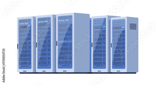 Modern data center infrastructure with multiple server racks in flat design