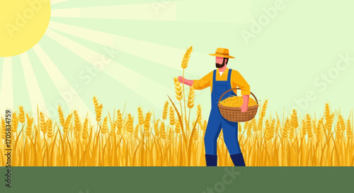 A Farmer Harvesting Golden Wheat in a Field Beneath a Radiant Sun