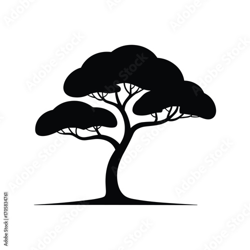 Stylized silhouette of a mature tree with a broad canopy and visible branches