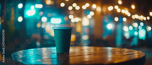 Night scene:  Green to-go cup on wooden table, bokeh lights blur background