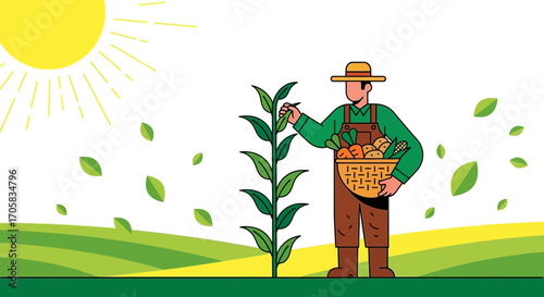 A Farmer Harvesting Vegetables Under A Summer Sun With Lush Green Fields, Fresh Produce