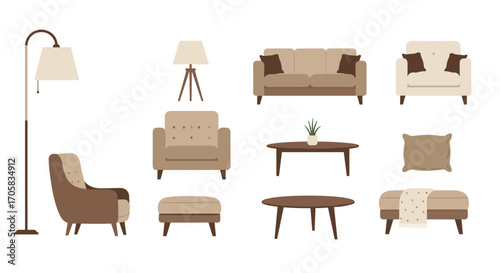 Modern minimalist furniture set with comfortable sofas and chairs
