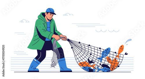 A Fisherman Is Pulling A Net Full Of Fish Illustration, Fishing Concept Drawing