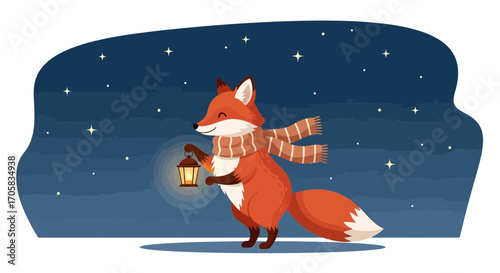 A Friendly Fox Shines A Lantern Under The Starry Night Sky Illustration