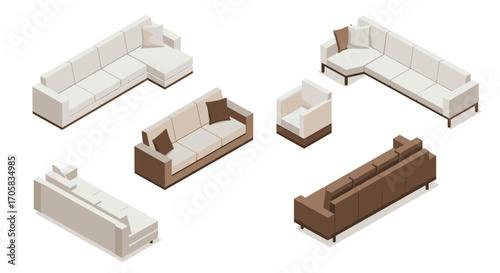 Isometric modern furniture layout with minimalist sofas and armchair