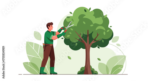 A Gardener Expertly Prunes a Lush Green Tree, Ensuring Growth and Shaping Its Form Perfectly