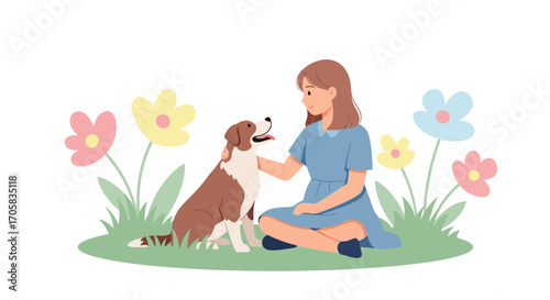 Affectionate Bond Between Young Girl And Her Dog Amidst Colorful Blossoms