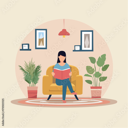 Woman Reading a Book in a Cozy Living Room with Plants and Comfortable Furniture