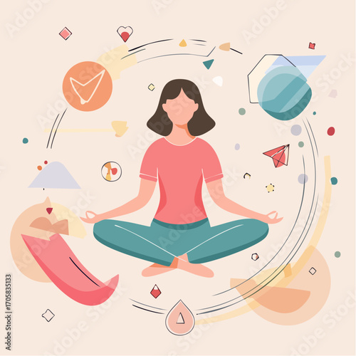 Mindfulness and well-being concept with a woman meditating in lotus pose surrounded by abstract elements