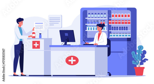Modern flat pharmacy scene with pharmacist and customer interaction