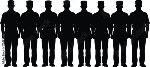 Silhouette of uniformed soldiers standing in a row, teamwork, discipline, military unity, strength, protection, readiness, support, solidarity, armed forces, collective effort
