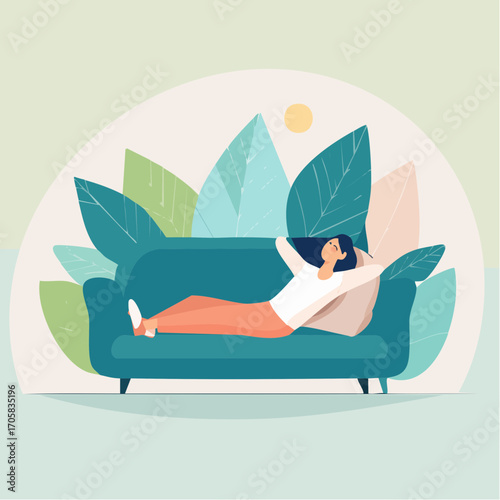 Concept of slow living and self-care with a woman peacefully relaxing on a couch in a tranquil home environment illustration