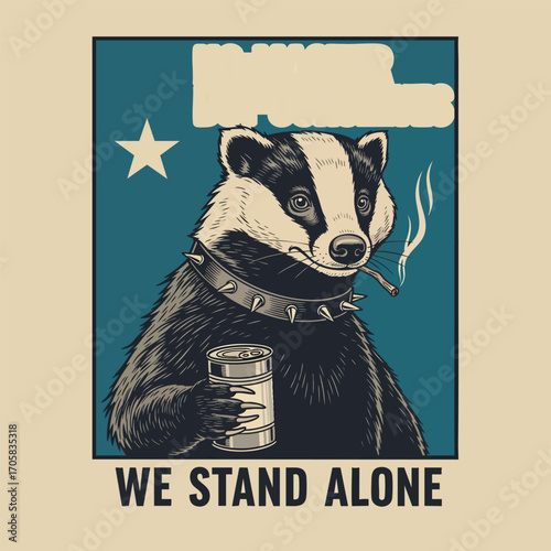 Vintagestyle illustration of a rebellious badger with a spiked collar cigarette and can.