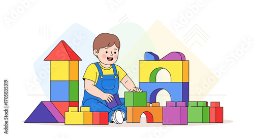 A Happy Child Playing And Creating Structures With Colorful Building Blocks